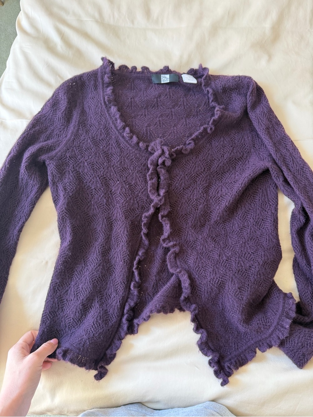 🗽Cashmere Saks Fifth Avenue Purple Ruffle-Trim Open Cardigan